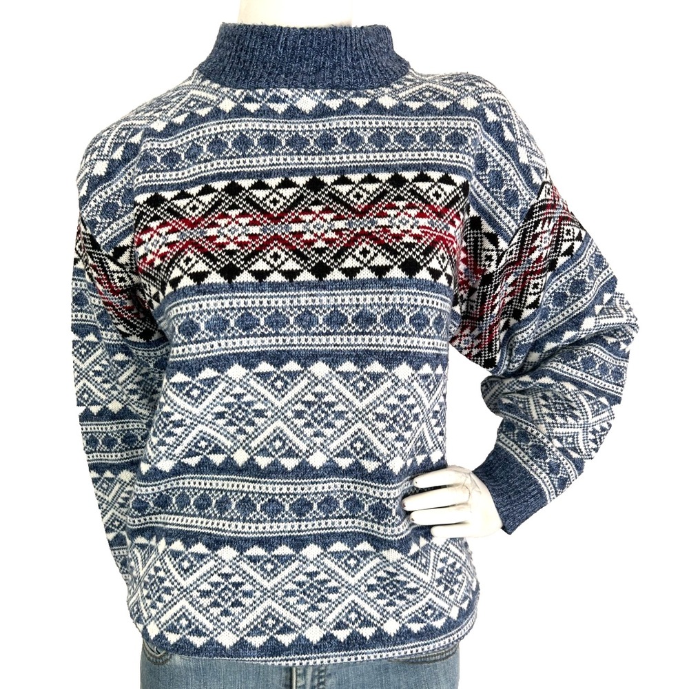 VTG American Pride Fair Isle Sweater M Blue Nordic Grandpa Core Ski MockNeck EUC